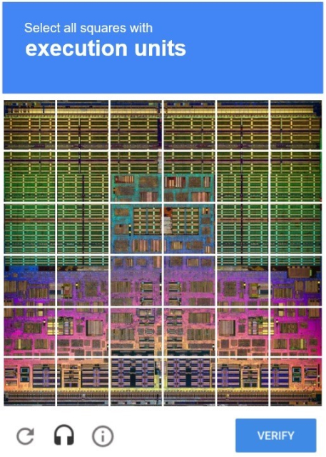 The image displays a detailed view of a microprocessor die with various colored regions representing different components. It includes a prompt for users to select squares containing "execution units," typically used in CAPTCHA verification processes.