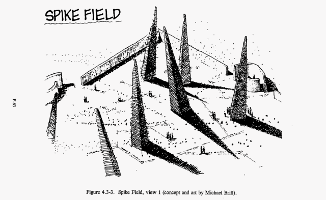Figure 4.3-3 "Spike Field, view 1" showing enormous tall spikes in a field to warn future people away from the nuclear waste storage site