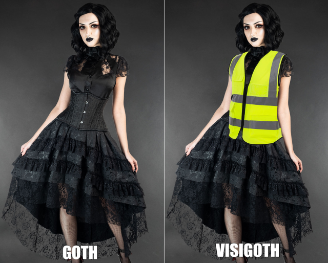 A two pane picture, both sides showing the same young woman in goth apparel, on the right picture she's wearing a hivis vest over her black dress. The left side is labeled "Goth" and the right sight "Visigoth"