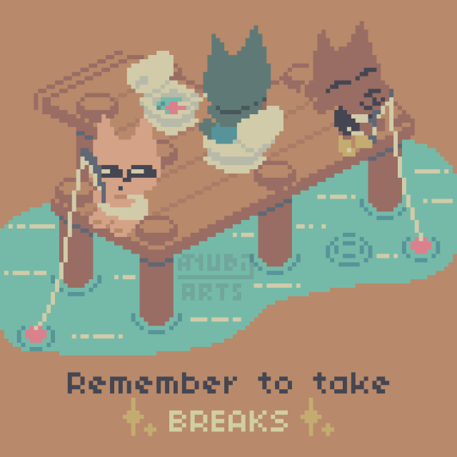 A Pixel Fanart of Webfishing, with various characters fishing, such as a dog, and a cat sitting on a toilet, fishing on another toilet. There's another cat fishing at the side, staring confused at the aforementioned cat. At the bottom, there's a caption that says "Remember to take breaks". I'm sure that the fisher of toilets will catch a shark in there.