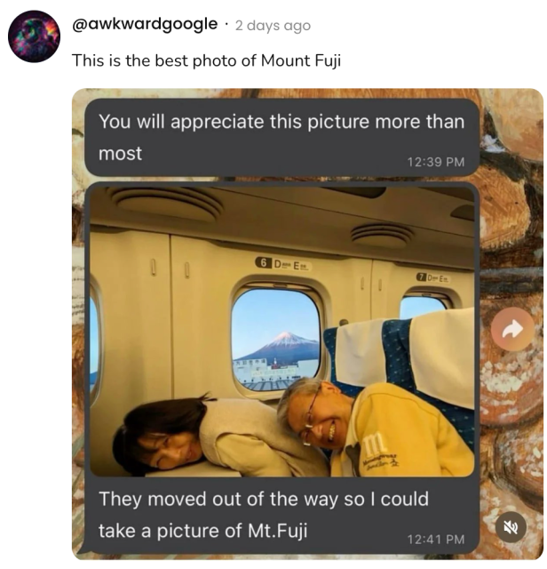 A social post from @awkwardgoogle that says:
This is the best photo of Mount Fuji
[A photo of two elderly people ducking out of the way of a view of Mount Fuji out of a train window]
