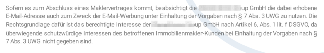 Screenshot aus den Bedingungen eines Immobilienmaklers, der bei Anforderung eines Exposés die Email-Adresse aus "berechtigtem Interesse" auch gleich für Werbemails nutzen möchte.