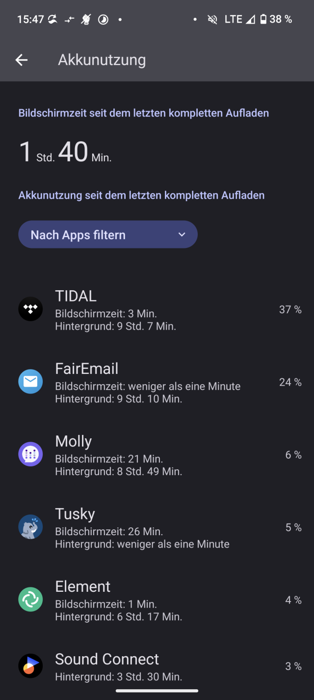 Screenshot of the Battery Power usage charts

TIDAL 37%
Fairmail 24%
Molly 6 %
Tusky 5%
Element 4%
