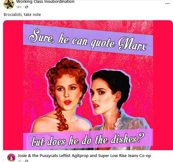 2 women talking. One says, Sure, he can quote Marx, but does he do the dishes.

Designed and originally post by Josie & the Pussycats Leftist Agitprop