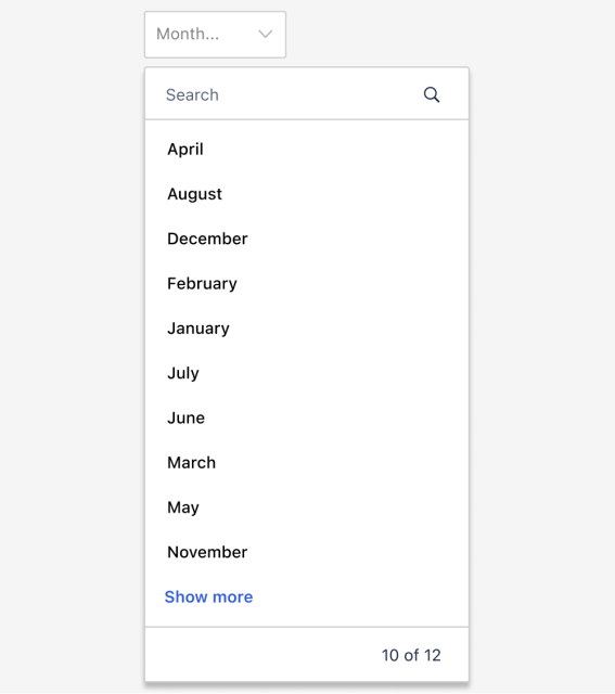 Month selection dropdown with search, but only shows 10 out of 12 months and sorts them alphabetically