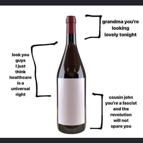A bottle of wine with some brackets drawn dividing it into three parts. 

The top of the bottle is labeled "grandma you're looking lovely tonight"

The middle of the bottle is labeled "look you guys I just think healthcare is a universal right"

The bottom of the bottle is labeled "cousin john you're a fascist and the revolution will not spare you"