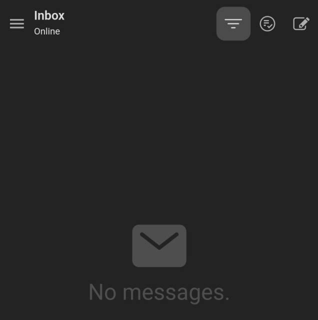 Screenshot of the Tuta Mail Android application showing that I have none unread messages unlike what the counter from the previous screenshot shows.