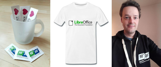 Photos of LibreOffice stickers, T-shirts and hoodies