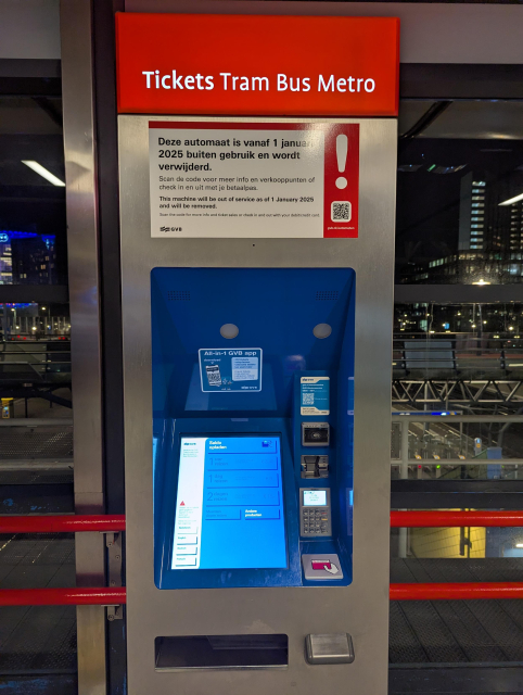 A ticket vending machine titled Tickets Tram Bus Metro with a big sticker saying that this machine will stop working on 1 January 2025 and will be removed.
