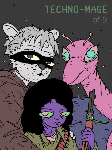 Poster for
TECHNO-MAGE of 9
featuring
Rabbit techno-mage, rarely hood-less, holding Nine, his student.

Nine is holding an antique rifle with a green rugged armband wrapped around its stock.

Acme, the horse-bird, stands by. 