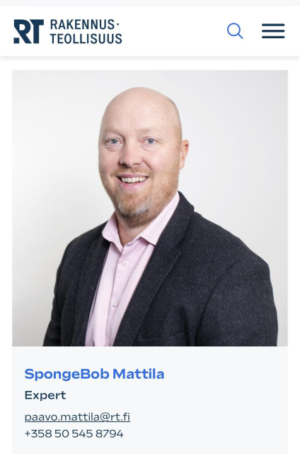 Contact info of an expert named SpongeBob Mattila whose actual name is Paavo Mattila. The Finnish version of SpongeBob SquarePants is Paavo Pesusieni (essentially Paavo the sponge).