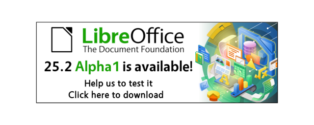 Banner saying LibreOffice 25.2 Alpha 1 is available, and help to test it