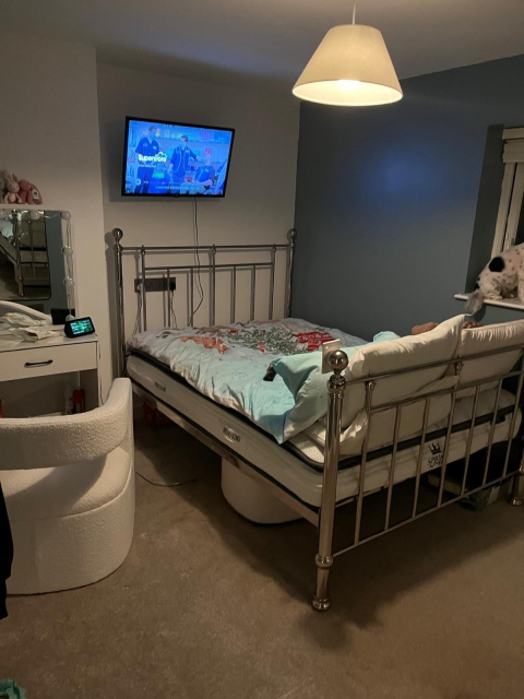 a bedroom interior at night with artificial lighting. The room features a large bed on the right side with a metallic frame, positioned parallel to the image's point of view. The bed is made, with a patterned duvet cover and a few pillows. To the left side of the bed, there's a curved white chair with a modern design. In front of the bed, mounted on the wall, is a flat-screen television.

Hanging from the ceiling is a white pendant lamp with a wide shade providing illumination to the room. There is a wall-mounted mirror on the left side, partially cut off by the image frame. There's a small dark figure lying on the bed, (the dog, but you can't see well). On the left side of the bed, some plush toys are visible. the flooring is carpeted, and the overall color scheme of the room is muted,  