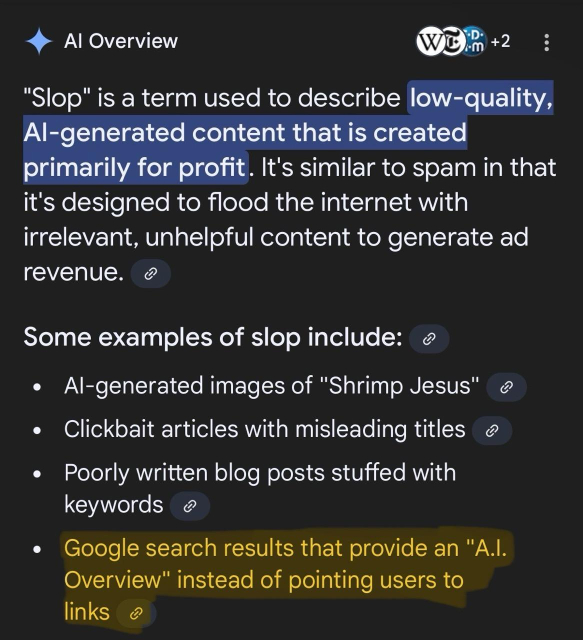 Google ai generated result for the definition of slop with the bullet point “Google search results that provide an AI Overview instead of pointing users to links” under examples. The rest of the text is unimportant AI generated slop.