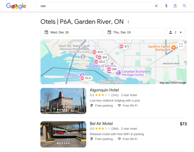 Google search for "otel".  Partial result: "Otels (sic) near P6A, Garden River, ON", followed by a map and a list of recommended hotels.