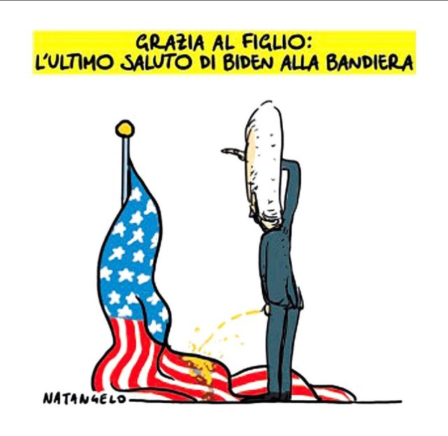 Nel disegno, Joe Biden urina sulla bandiera americana facendo il saluto militare.
La didascalia riporta: "Grazia al figlio: l'ultimo saluto di Biden alla bandiera".