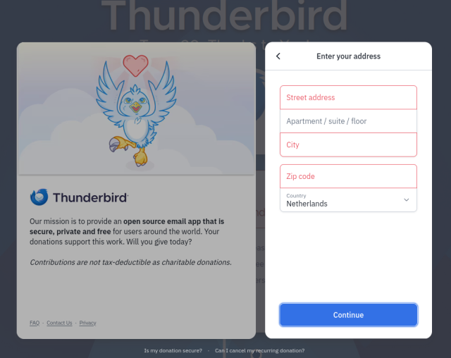 Screenshot email programma Thunderbird, tijdens het donatieproces.  Straat, postcode en plaats staan in rood omdat het verplichte velden zijn.
Links in scherm een omschrijving van Thunderbird als open source email app that is secure, private and free.