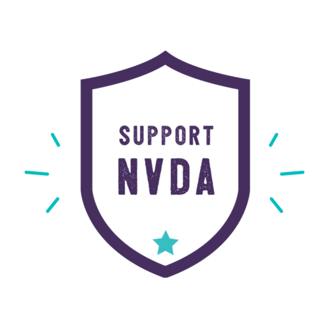 Purple shield outline with text "SUPPORT NVDA" on two lines inside.  Turquoise star at the bottom of the shield with three short turquoise rays either side.