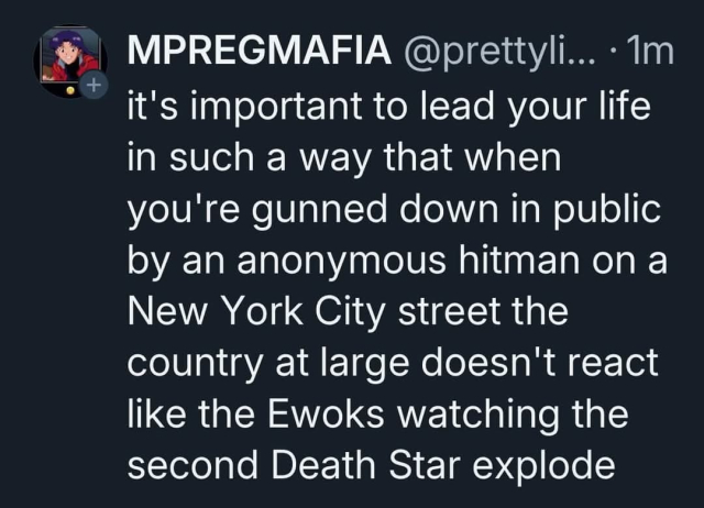 

it's important to lead your life in such a way that when you're gunned down in public by an anonymous hitman on a New York City street the country at large doesn't react like the Ewoks watching the second Death Star explode