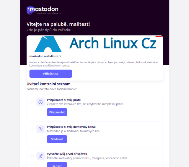 Uvítací email, po registraci na mastodon.arch-linux.cz