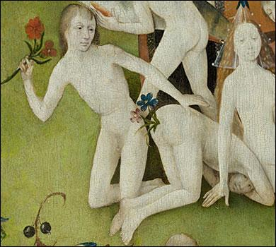 A scene from the garden of earthly delights by Heironymous Bosch: one naked person is bent over with flowers sprouting from their bum, while another holds a bouquet aloft as if they have either just removed the flowers or are preparing to add more to the bum bouquet