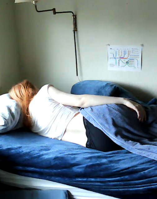 a hot red head sleeping with her hot waist and butt turned towards the viewer. Clothed in a white crop top and black shorts. Blahaj in background.