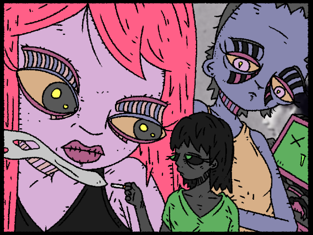 characters surrounding each other. Some are significantly larger than the one in the middle, but the one in the middle doesn't seem to care and smokes a tobacco cigarette.

There's a mata_bot in the background with a green goo nosebleed.