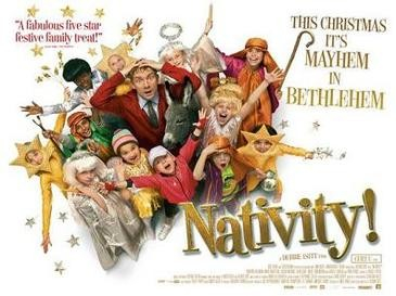 The poster for "Nativity!" displays a lively ensemble of characters in colorful costumes, making expressive faces and dynamic poses. They are set against a cream backdrop with golden stars scattered throughout. Above them are the phrases "A fabulous five-star festive family treat!" and "THIS CHRISTMAS IT'S MAYHEM IN BETHLEHEM". The title "Nativity!" appears in large brown letters at the bottom. 
"A Debbie Isitt film" 
With Martin Freeman, Marc Wootton, Jason Watkins, Ashley Jensen, and Alan Carr as the Critic. 