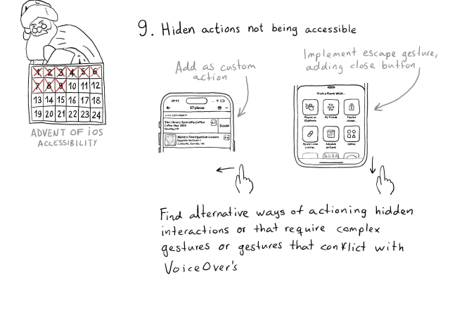 Calendar of Advent of iOS Accessibility. Day 9. Hidden actions not being accessible. Find alternative ways of actioning hidden interactions or that require complex gestures or gestures that conflict with VoiceOver's. Two examples. The first one is swiping left in a table view cell to unveil a delete option. That could be fixed by adding delete as a custom action. Second example is a bottom sheet menu with a grid of options. You need to swipe down to dismiss it. You'd probably need to implement the escape gesture for VoiceOver and it would be a good idea to add a close button anyway.