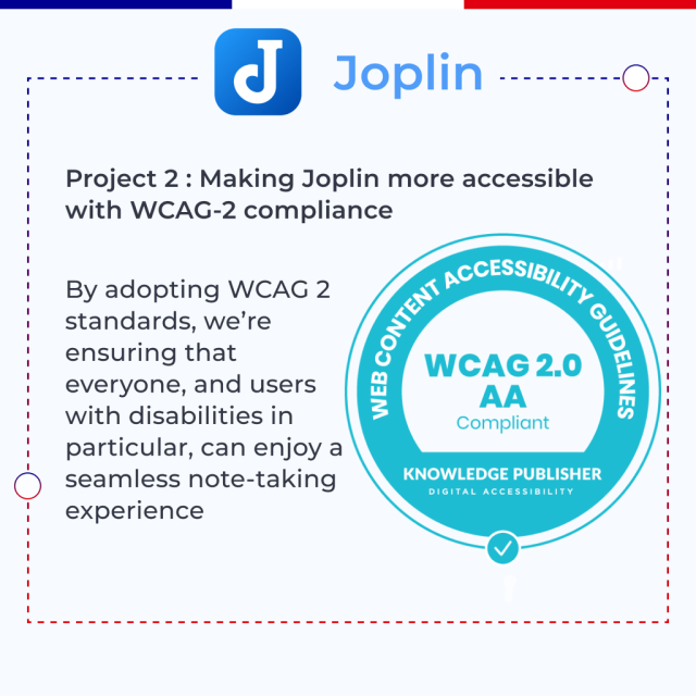Project 2 : Making Joplin more accessible with WCAG-2 compliance
By adopting WCAG 2 standards, we’re ensuring that everyone, and users with disabilities in particular, can enjoy a seamless note-taking experience