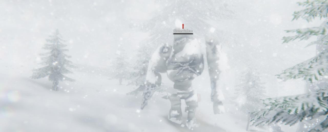 A stone golem approaches with almost zero health through a snowstorm. 