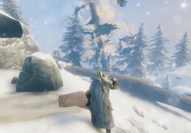 The trees explode as a stone golem attacks a frost drake in the mountains. A Viking with a pickaxe over their shoulder calmly watches on. 