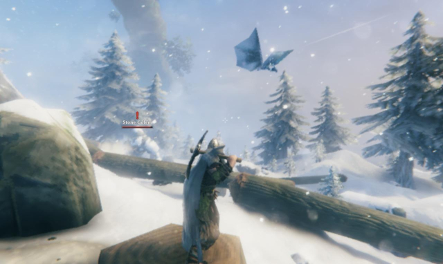 The Viking continues to observe the battle taking place between a frost drake and a stone golem amongst a pile of fallen trees. 