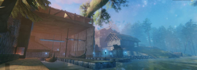 The dock has three jetties and is tall enough to house a pair of longships. 
