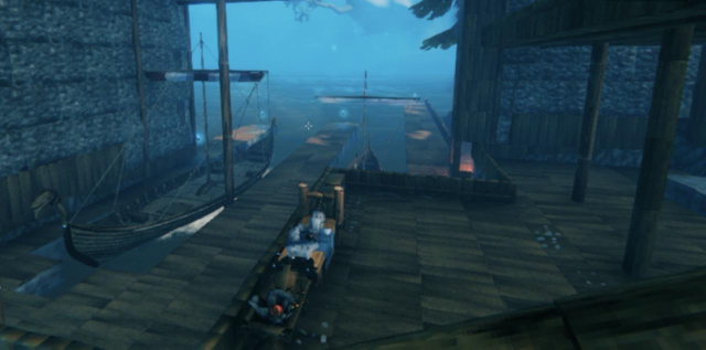 The interior view of the dock house showing jetties and crafting stations. 