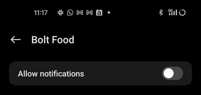 Screenshot of bolt food app settings with newly disabled item labeled "Allow notifications"