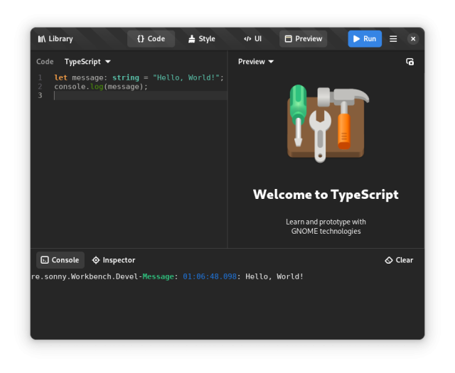 A screenshot of Workbench.

On the left side the choosen programming language is "TypeScript"

On the right side, the preview shows "Welcome to TypeScript"