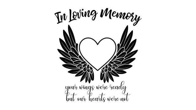 In loving memory of John Panarese. A memorial design featuring a large heart outlined in black with detailed angel wings extending symmetrically from both sides. Above the heart, the phrase 'In Loving Memory' is written in an elegant, cursive font. Below the heart, the text reads 'Your wings were ready but our hearts were not,' also in a graceful, handwritten-style script. The design is monochromatic with a clean, white background, emphasizing the black text and imagery.