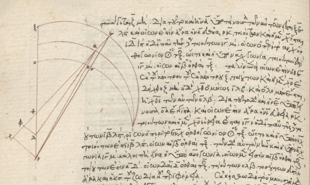 handwritten greek astronomy text book with a diagram of intersecting circles that intrudes into the paragraph, which flows cleanly around it.