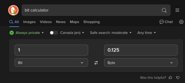 Screenshot of a DuckDuckGo search. The search term is "bit calculator". Above the search results is an interactive conversion table showing a default of 1 bit = 0.125 bytes.