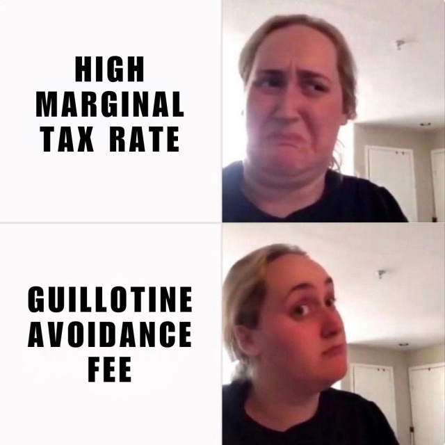 Two-panel meme: Top text "High Marginal Tax Rate" with disgusted face; bottom text "Guillotine Avoidance Fee" with approving face.