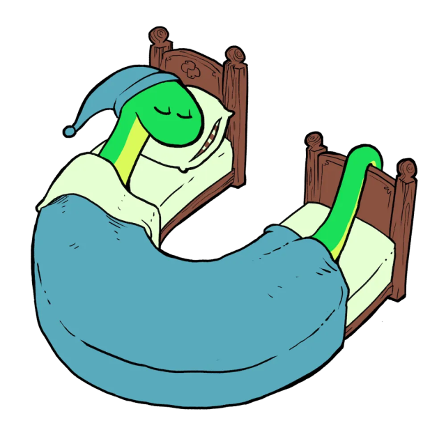 A green-and-yellow snake sleeping in a bed, wearing a blue nightcap. The bed has a brown wooden headboard (with an engraved Python logo) and matching footboard, and because the snake is too long to fit the bed, its tail is hanging across the footboard. The bed is also curved 180 degrees, forming the letter C, with the footboard ending up basically next to the headboard.