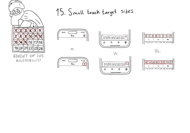 Calendar of Advent of iOS Accessibility. Day 15. Small touch target sizes. Three examples of common cases with buttons that tend to have small touch target areas. The first one is buttons in the navigation bar. The second one is dismiss buttons for modal or inline popups. The third one is toolbars, especially custom ones.