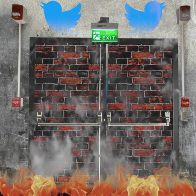 A dirty, cracked wall with a bricked-up fire-exit set into it - a pair of double-doors with crashbars, fire alarms, and a fire exit sign. To the left of the doors is a faded, dirty Twitter logo. The bottom of the frame is filled with flames, and smoke rises off of them.