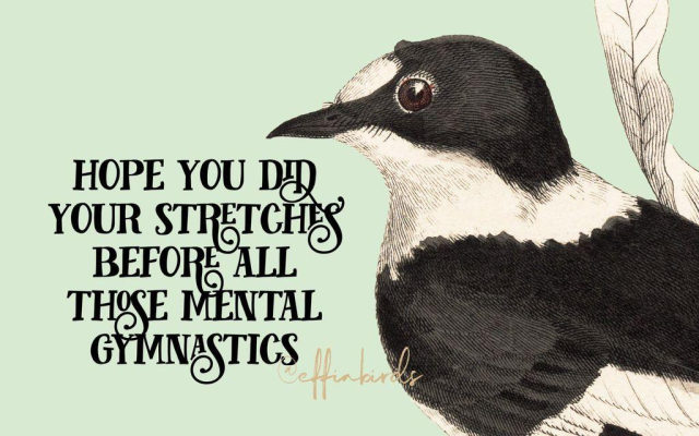 A painting of a bird beside the text "hope you did your stretches before all those mental gymnastics"
