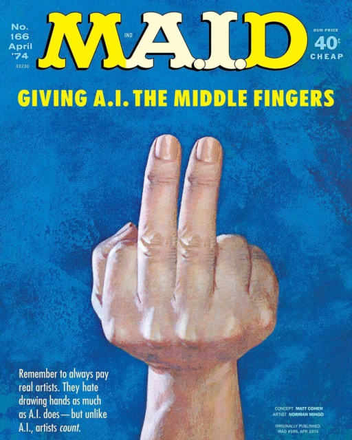 A comic-style magazine cover with a hand making a rude gesture. The title reads M.A.I.D with the tagline Giving A.I. the Middle Fingers.