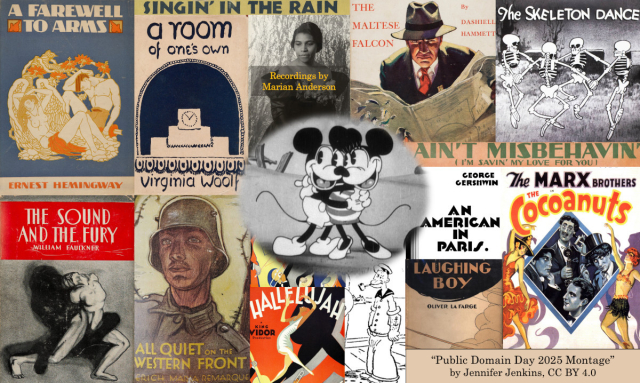 A collage displaying the works that are entering the public domain in 2025.