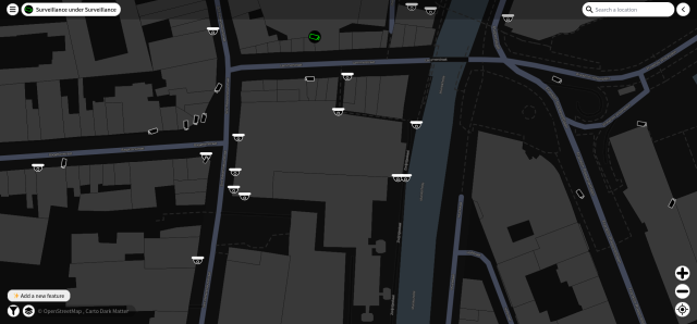 Screenshot of the MapComplete surveillance theme, showing mainly Sint-Pietersnieuwstraat and Lammerstraat, and 20-30 (mostly dome) cameras in the area.