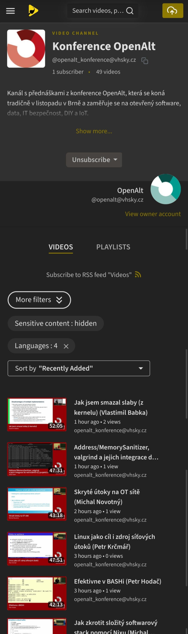 Můj peertube s načteným Open alt kanálem a spoustou videí