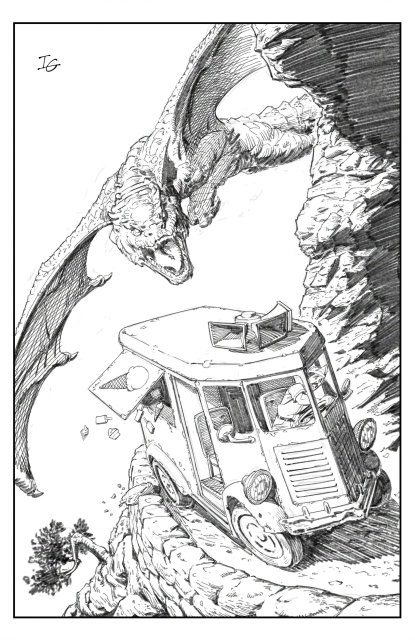 A sketch of a dragon chasing an ice cream truck on a cliff side road. 